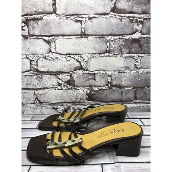 Taryn Rose Brown Leather Stone Slides Strap Heel Sandals Women Sz 38EU/7.5M US - Picture 11 of 16